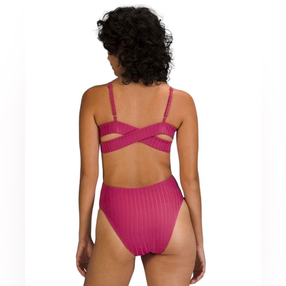 Lululemon Ribbed High Neck Cross Back One Piece Swimsuit Pink Medium Skimpy Cut - Picture 2 of 13